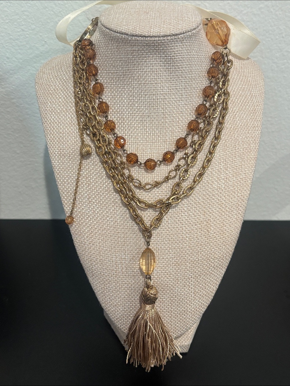 Vintage Layered Gold-Tone Necklace with Amber Beads and Tassel
